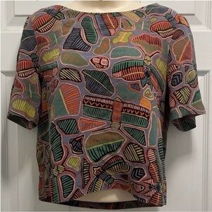 Kate Spade Saturday Silk Dragonfly/Abstract Print Cropped Blouse - XS - EUC